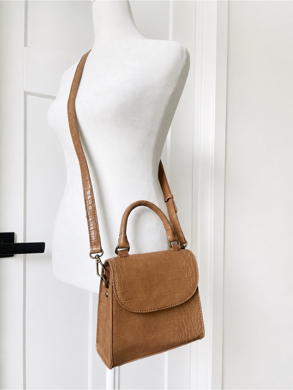 Structured Croc-Embossed Satchel Crossbody in Tan with Removable Strap